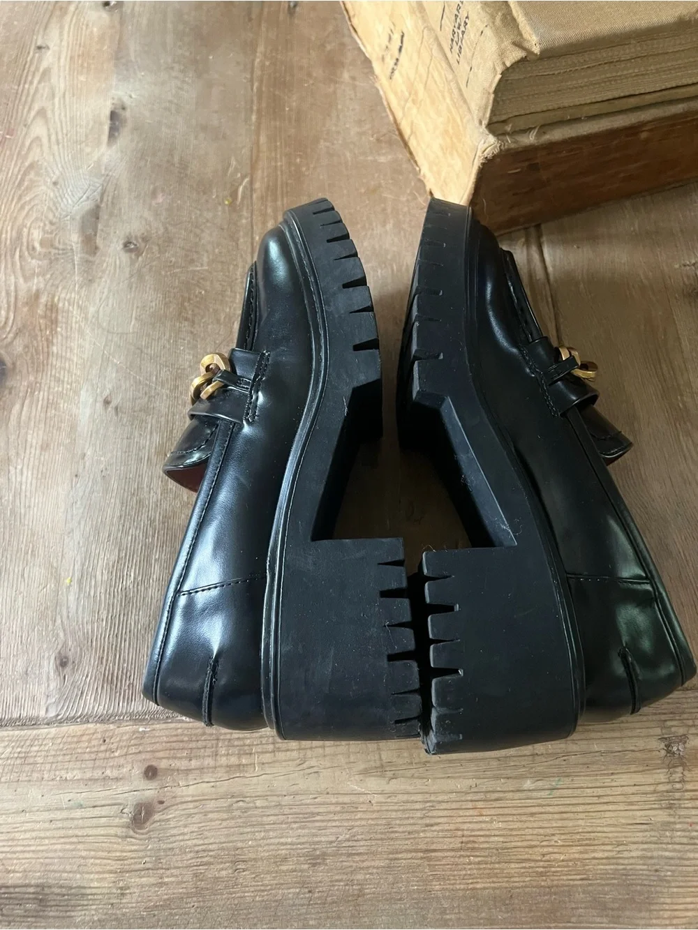 Zara woman’s Black Leather Loafers with Gold Chain